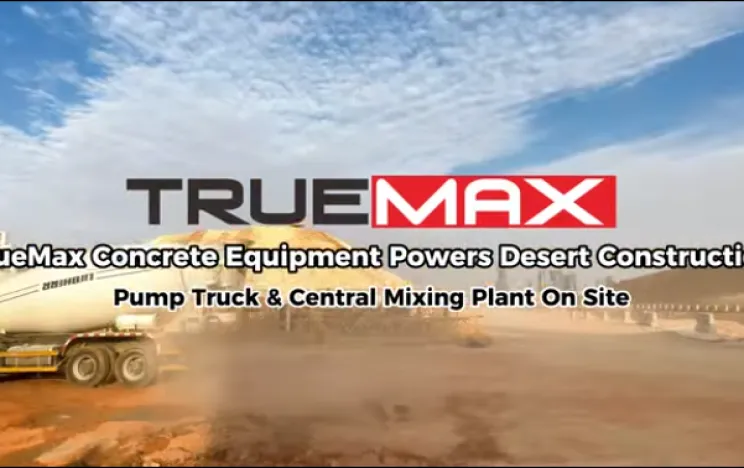 Under the desert sunset, pump trucks and mixing plants cooperate efficiently to deliver concrete for large infrastructure projects across the Middle East and East Africa.